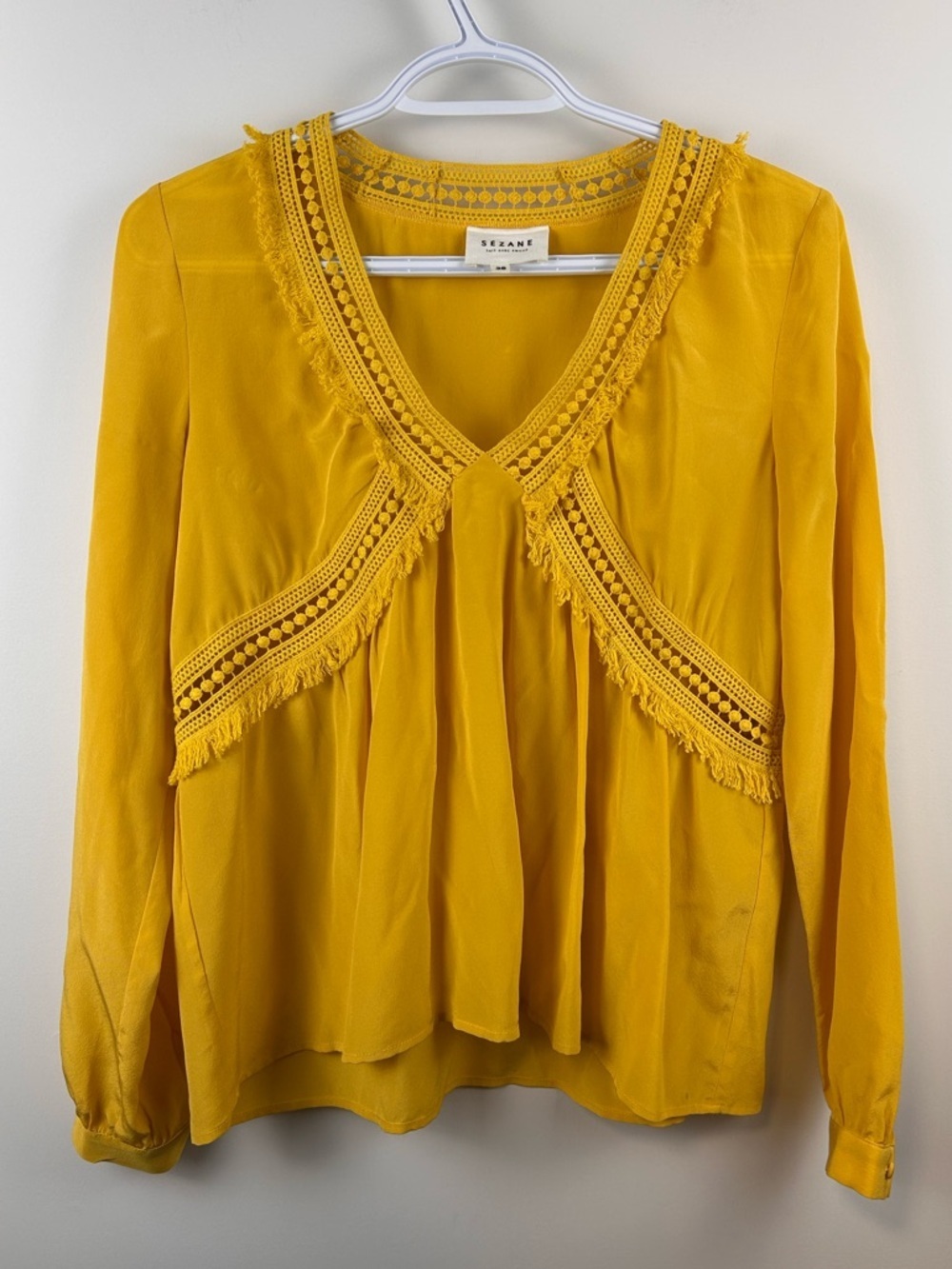 Sézane Mustard Yellow Silk Blend Blouse Size 36 Small Crochet Trim Boho Top